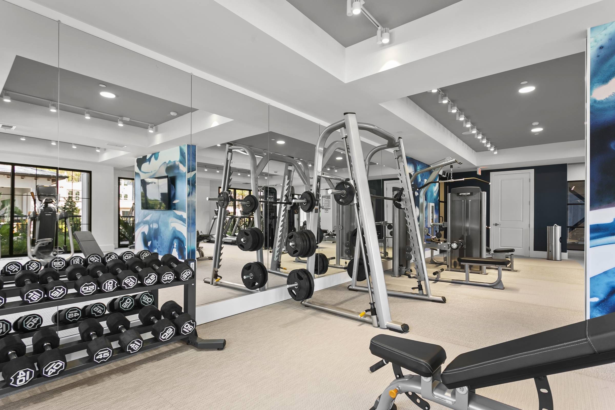 A state-of-the-art fitness center at Alta Clearwater, well-equipped with weights and exercise machines, overlooking a sunny outdoor patio.