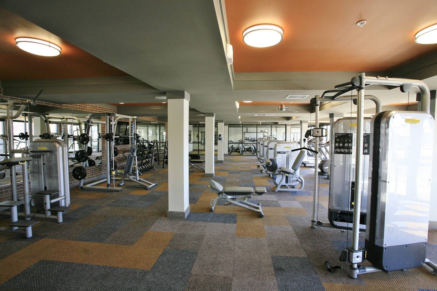 Spacious gym at Alta Steelyard Lofts featuring a range of modern fitness equipment and brick accents.
