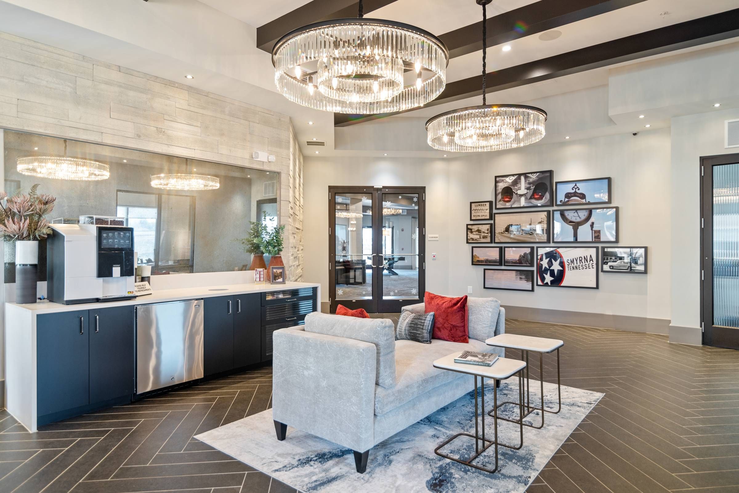 The lobby at Alta Depot with modern architecture.