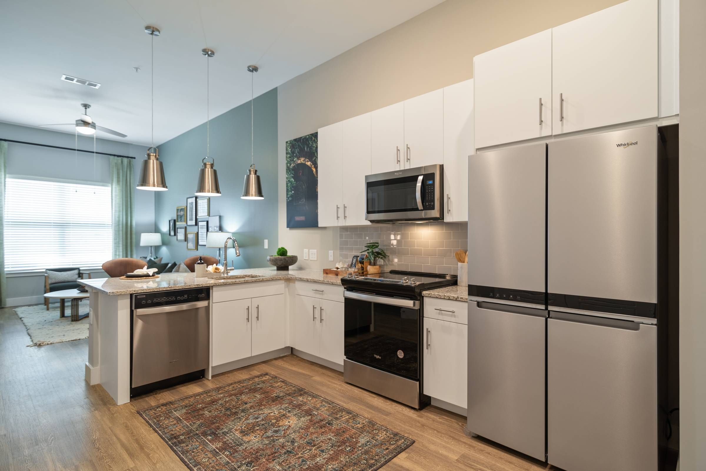 Alta Depot kitchen featuring stainless steel appliances and a chic rug.
