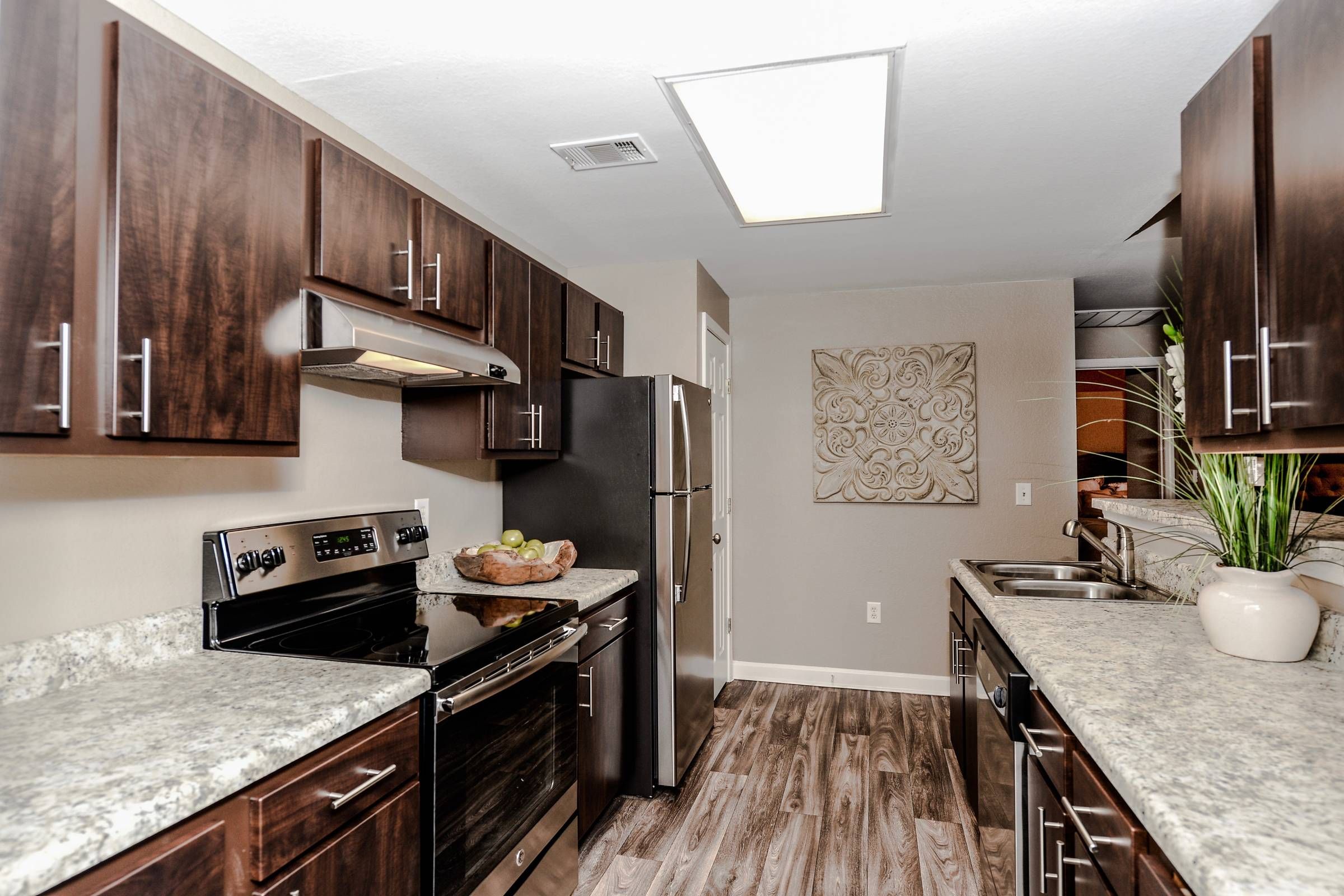 Altera Riverside kitchen with dark wood cabinets, granite counters, and stainless steel appliances.