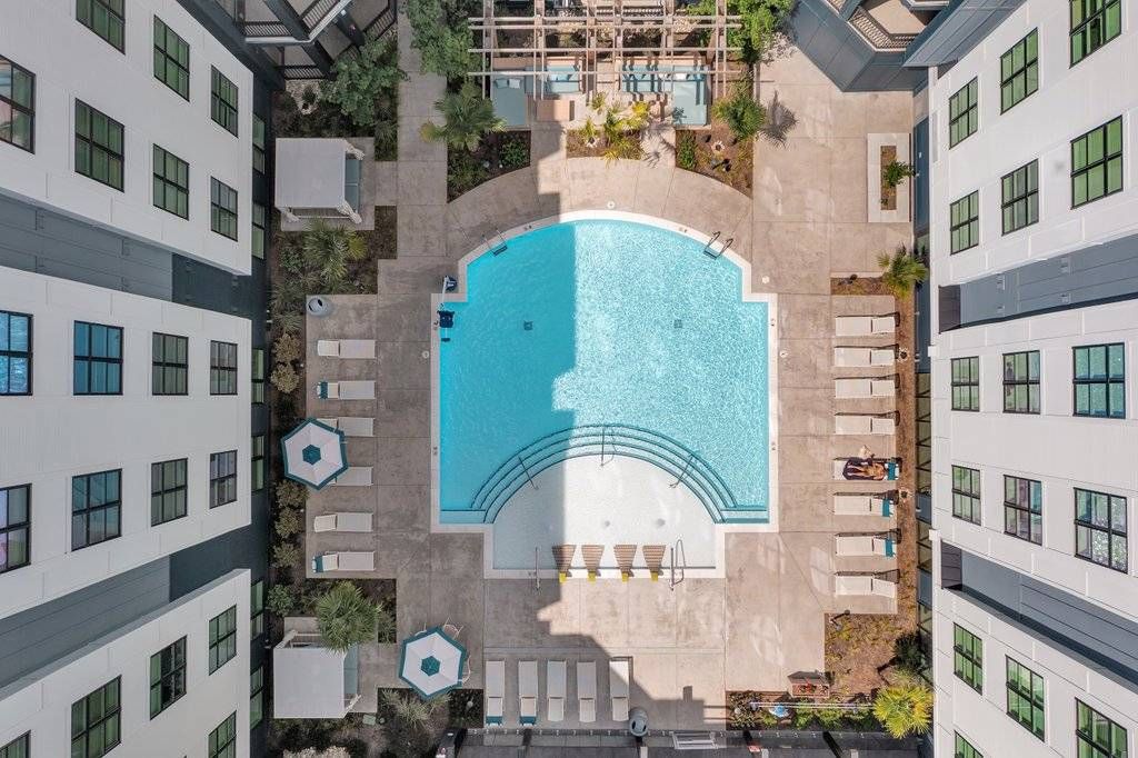 Alta Purl aerial view of pool surrounded by lounge chairs and apartments.